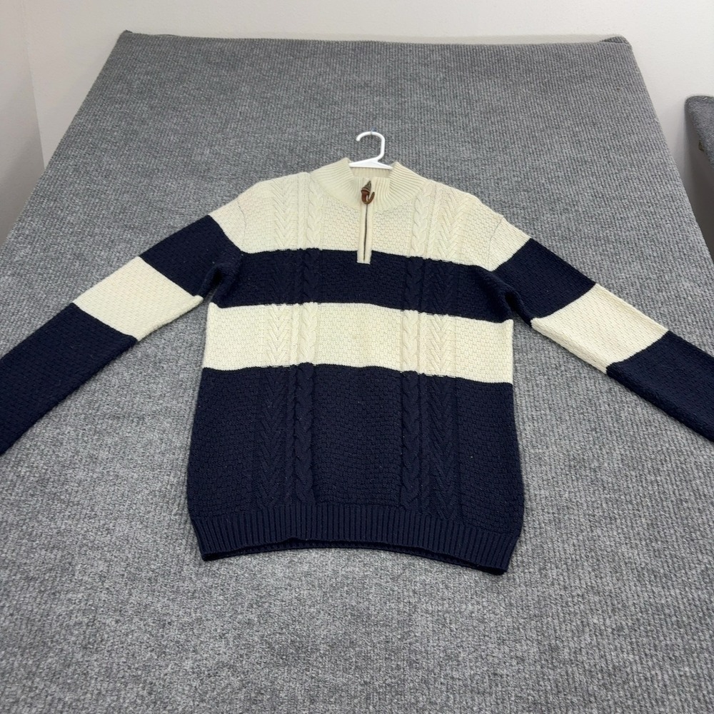 Pepe Jeans Sweater Mens L Cream Navy Cotton Cable Knit Quarter Zip Preppy Style